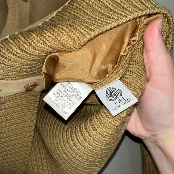 Anne Klein Vintage Wool & Suede Leather Cardigan Sweater Jacket Tan Brown Small - Picture 5 of 6